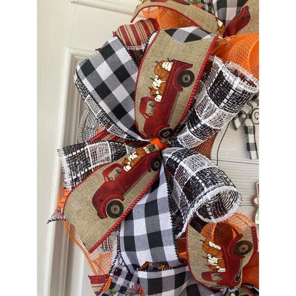 Welcome Red Truck Pumpkin Farmhouse Country Mesh Ribbon Fall Autumn Wreath - Picture 3 of 8
